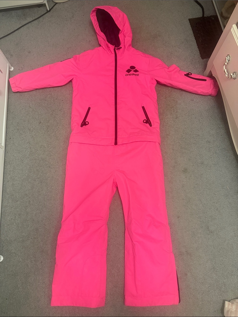 Oneskee Kids' Girls ski snow suit. Bright Pink Waterproof Rain Jacket and Pants.